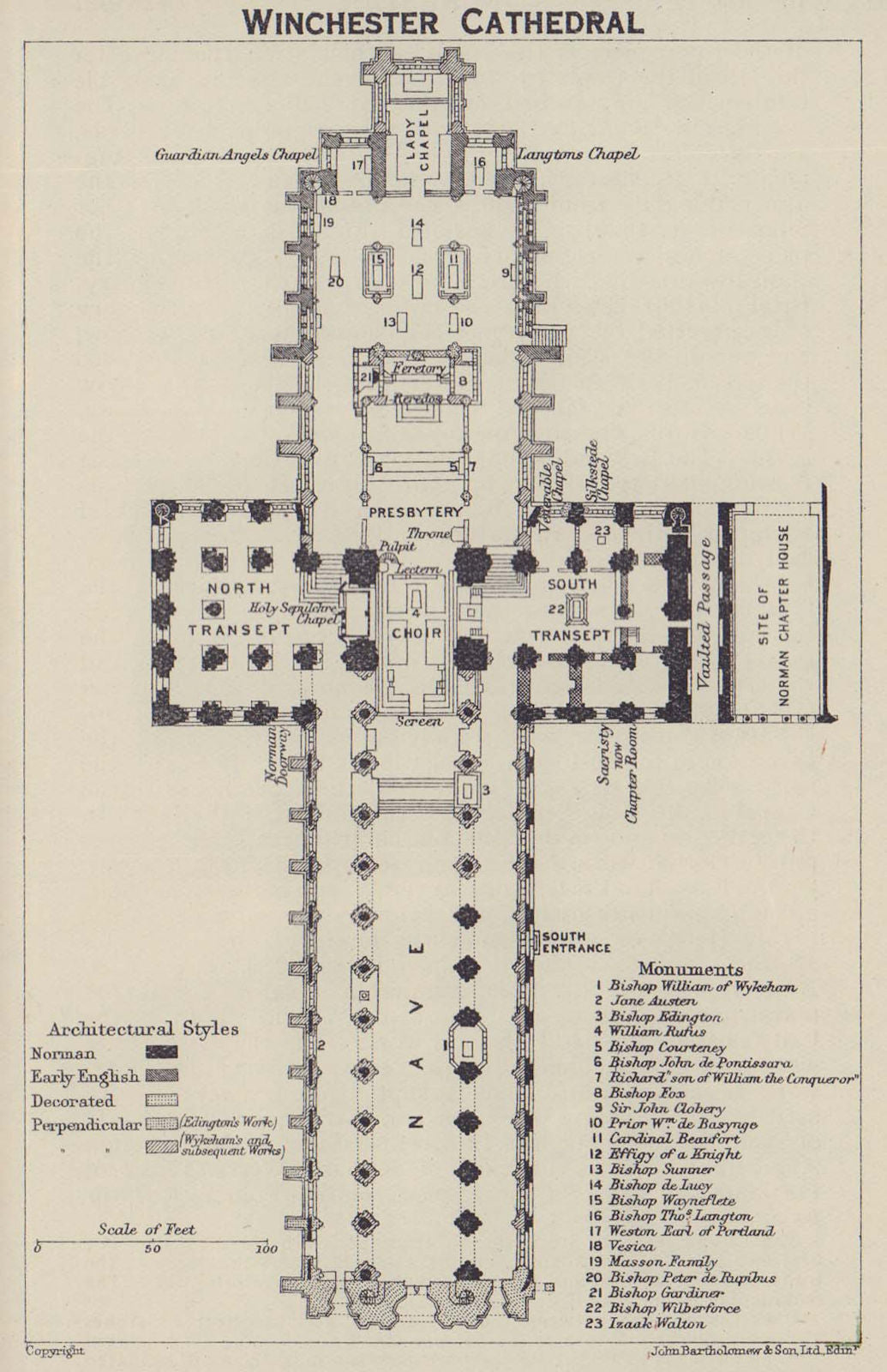 Winchester Cathedral ground floor plan. Hampshire 1920 old antique map chart